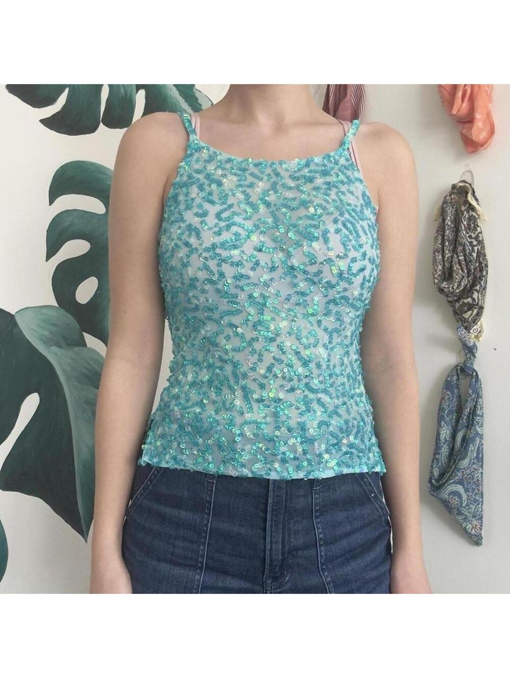 Y2K Blue Sequin Mesh Fairy Top